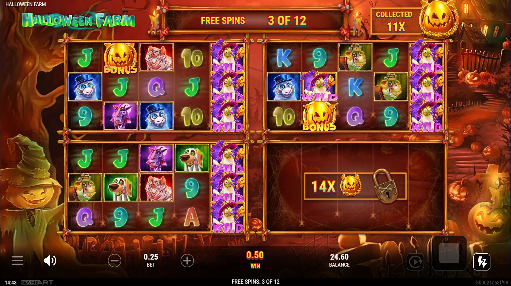 Three active reel sets in Halloween Farm bonus, with a sticky stacked wild on the fifth reel of the third set.