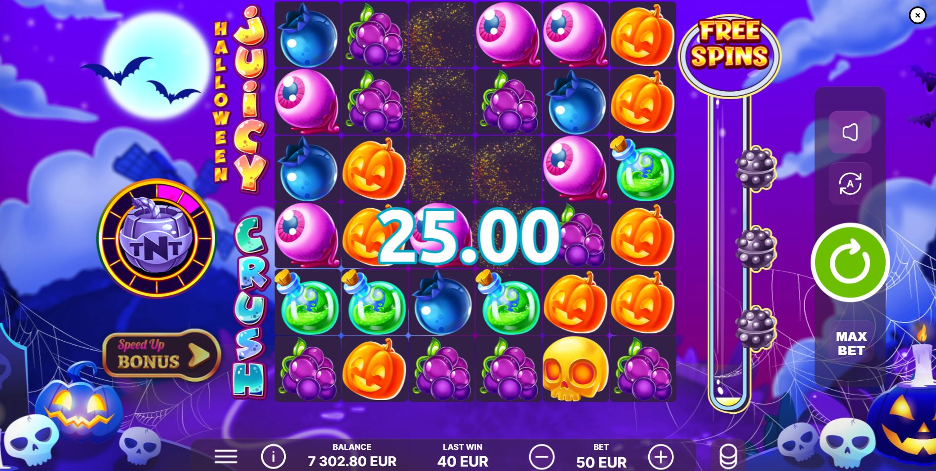 A large cluster win of Skull symbols lights up the screen in the Juicy Crush Halloween slot demo.