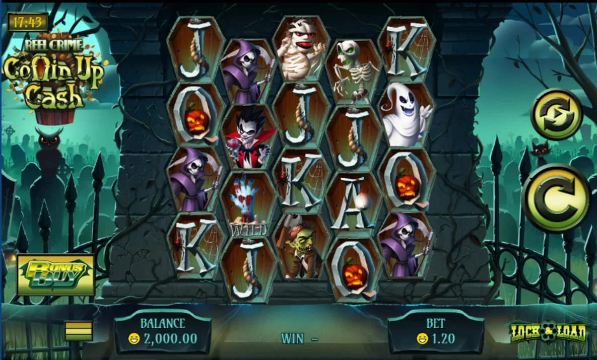 Main hexagonal grid of Reel Crime Coffin Up Cash slot showing monster symbols in a graveyard setting to illustrate the unique layout for players.