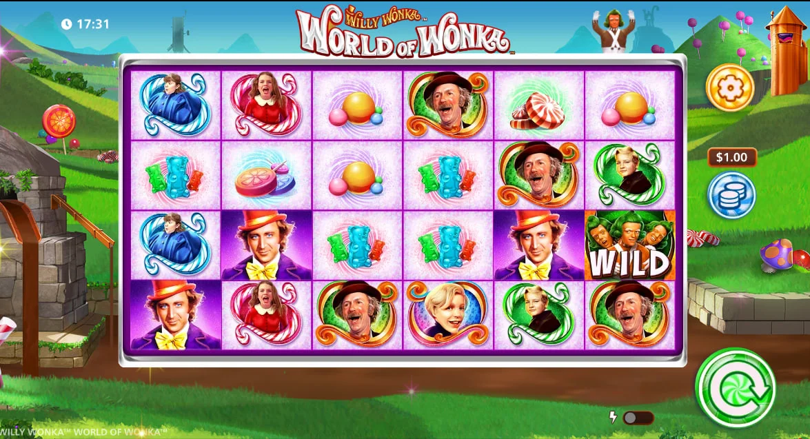 Main 6-reel grid of World of Wonka slot featuring Willy Wonka and Grandpa Joe symbols providing a visual of the starting layout and symbol hierarchy.
