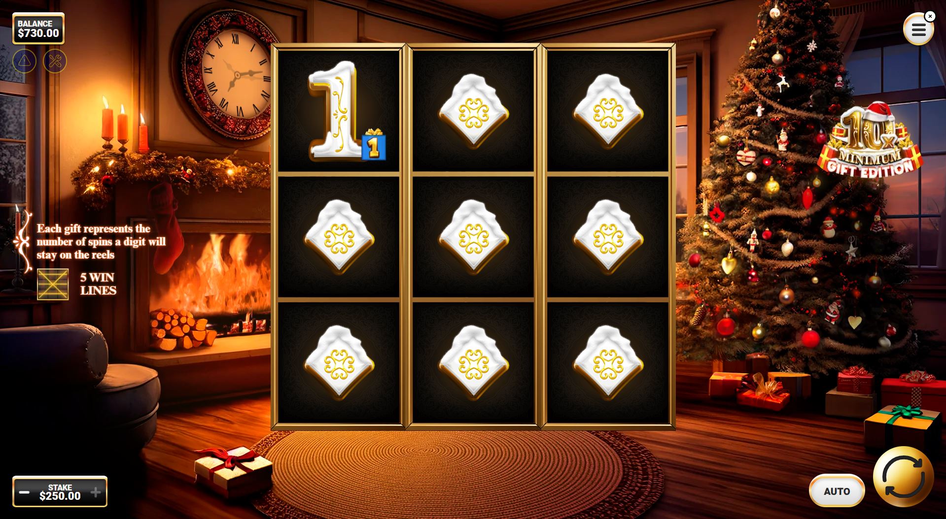 The main 3x3 game grid of the 10x Minimum Gift Edition slot, showcasing the cozy Christmas fireplace theme.