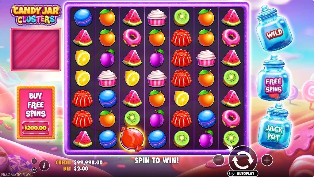 The 7x7 grid of the Candy Jar Clusters slot, showing a variety of colorful fruit and candy symbols during a standard base game spin.