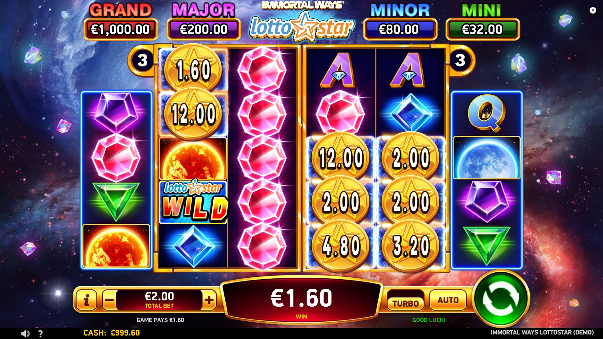 Immortal Ways LottoStar slot base game view with 10,000 ways to win.