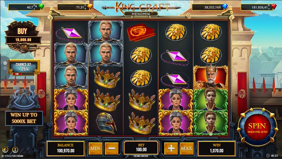 The main 5x5 game grid of the King Craft slot, displaying the royal character symbols and the medieval castle backdrop.