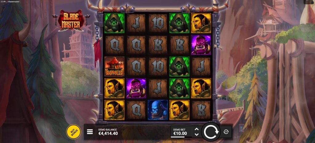 Blade Master slot base game screen showcasing the 5x5 reel layout, symbols, and orc village background.