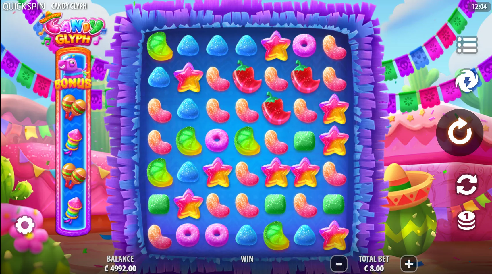 The 7x7 game grid of the Candy Glyph slot, showcasing the vibrant Mexican candy symbols and the Power-Up meter on the left, ready for a spin.