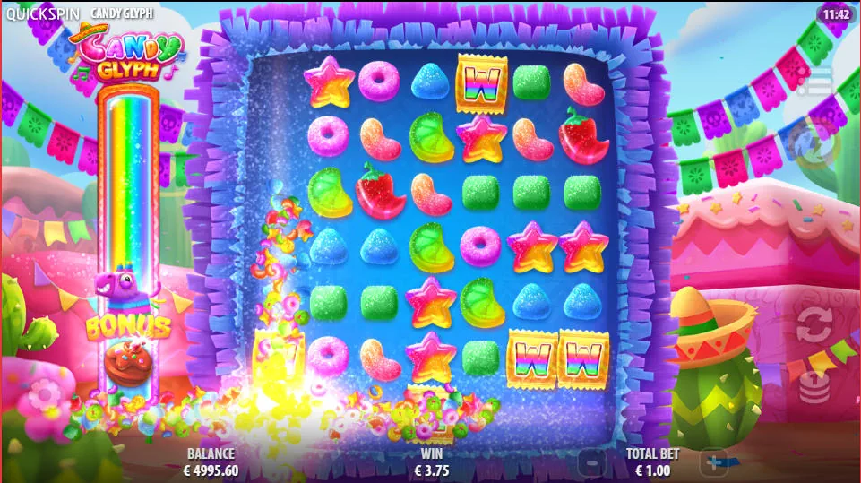 The Bonbon Bomb Power-Up feature exploding on the Candy Glyph grid, clearing an entire row and column of symbols to create new win opportunities.