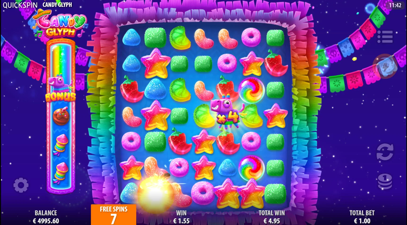The valuable Piñata Glyph Wild with a 5x multiplier contributing to a big win during the Free Spins bonus round in the Candy Glyph slot game.