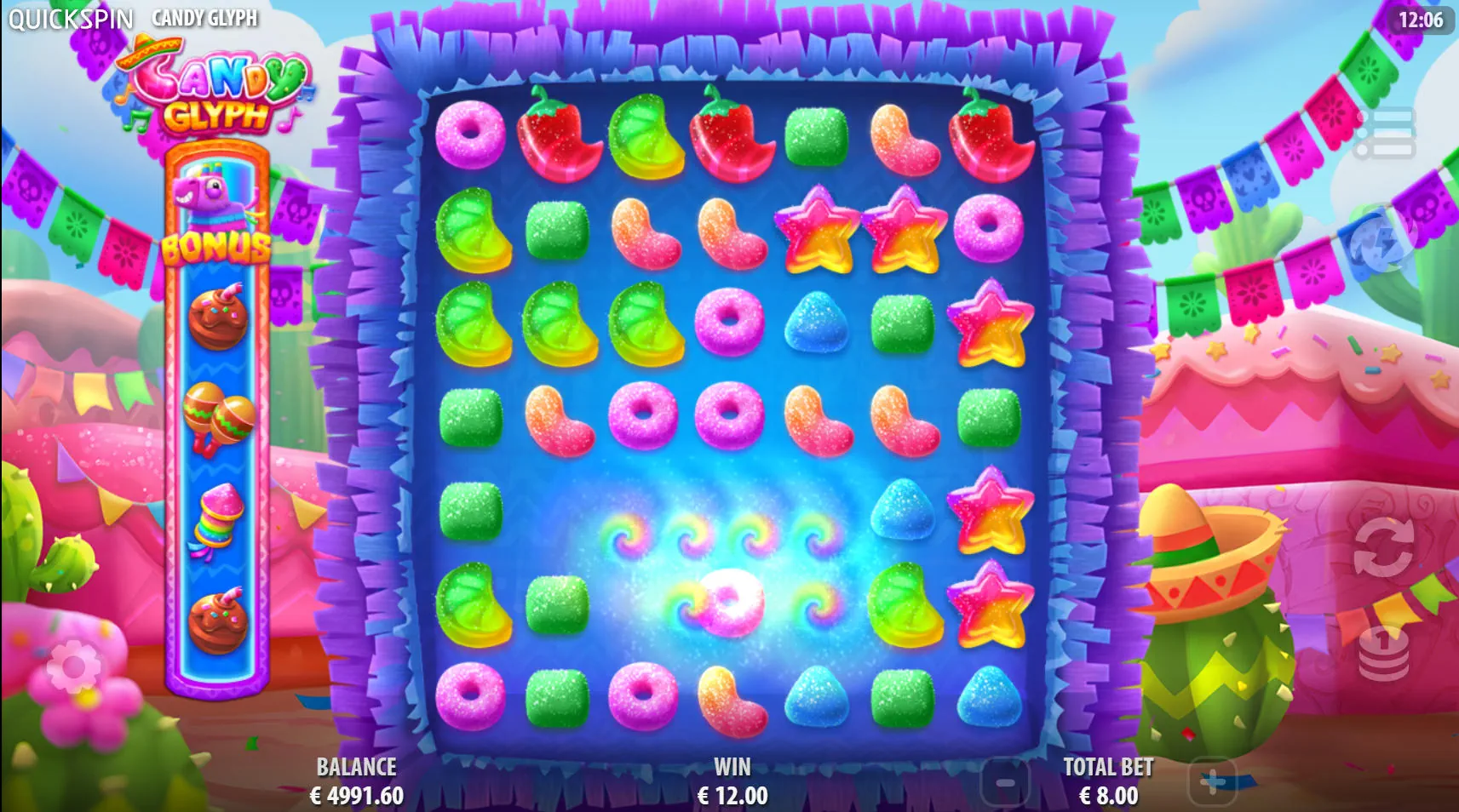 The Tumble Mechanic in action in the Candy Glyph slot, with a winning cluster removed and new symbols cascading down to fill the empty spaces.