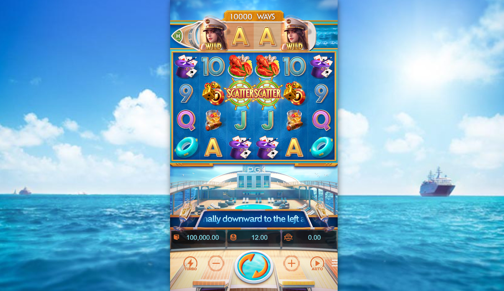 The main game screen of the Cruise Royale slot, displaying the 6x4 reel layout with an additional top reel before a spin, showcasing the luxury cruise theme.