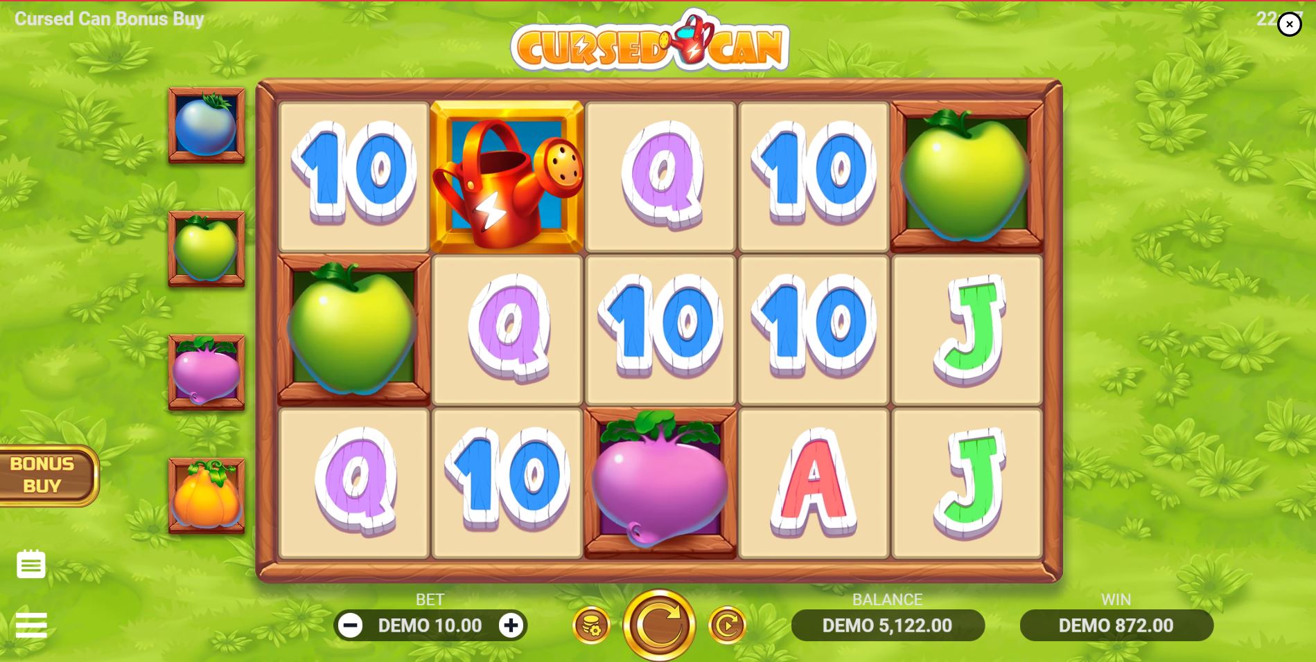 The main 5x3 game grid of Cursed Can Bonus Buy slot, displaying the cartoonish vegetable symbols and spooky farm background.