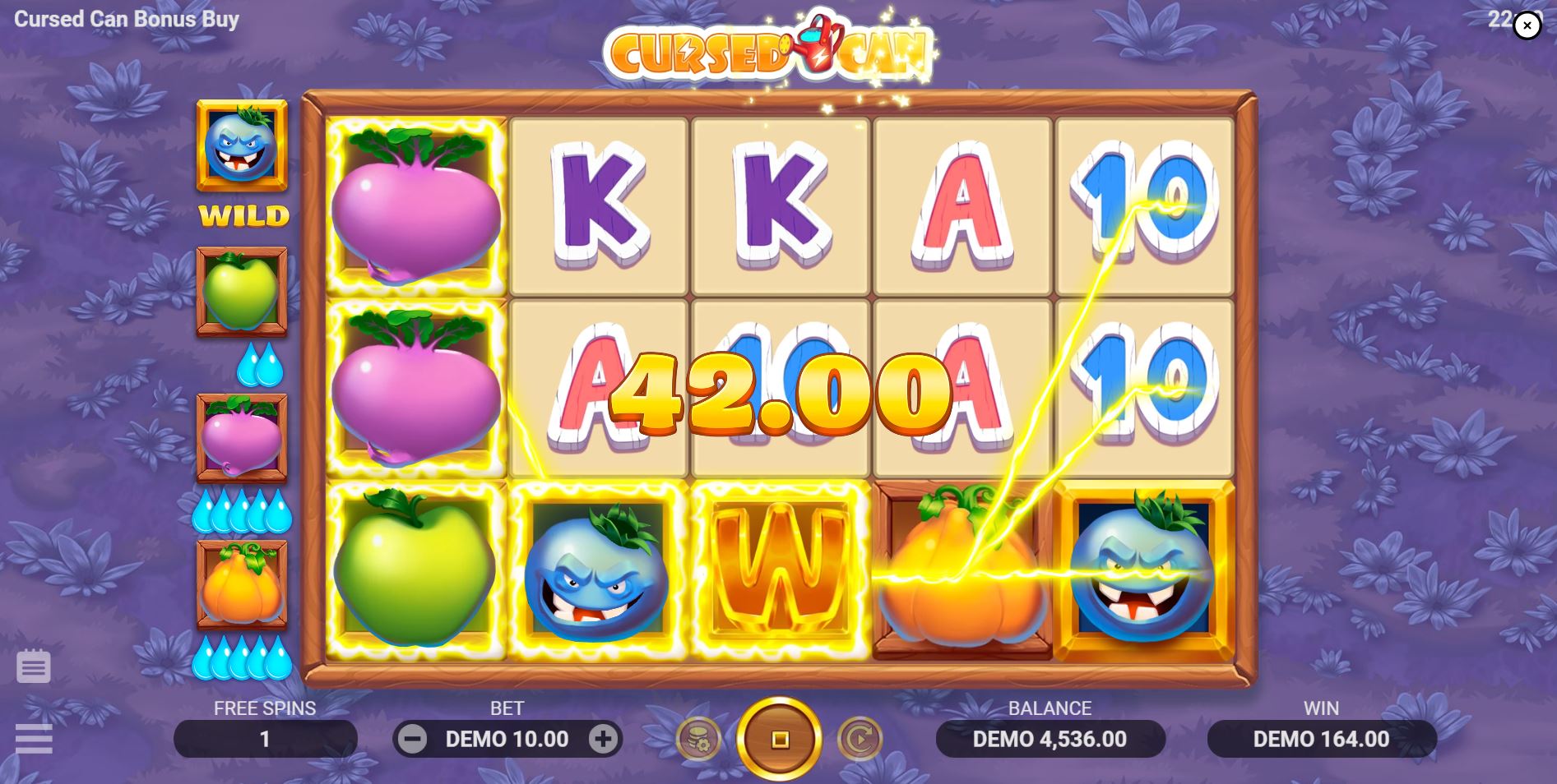 A mid-bonus round screenshot in Cursed Can Bonus Buy, where the lowest-value vegetable has been converted into a wild symbol.