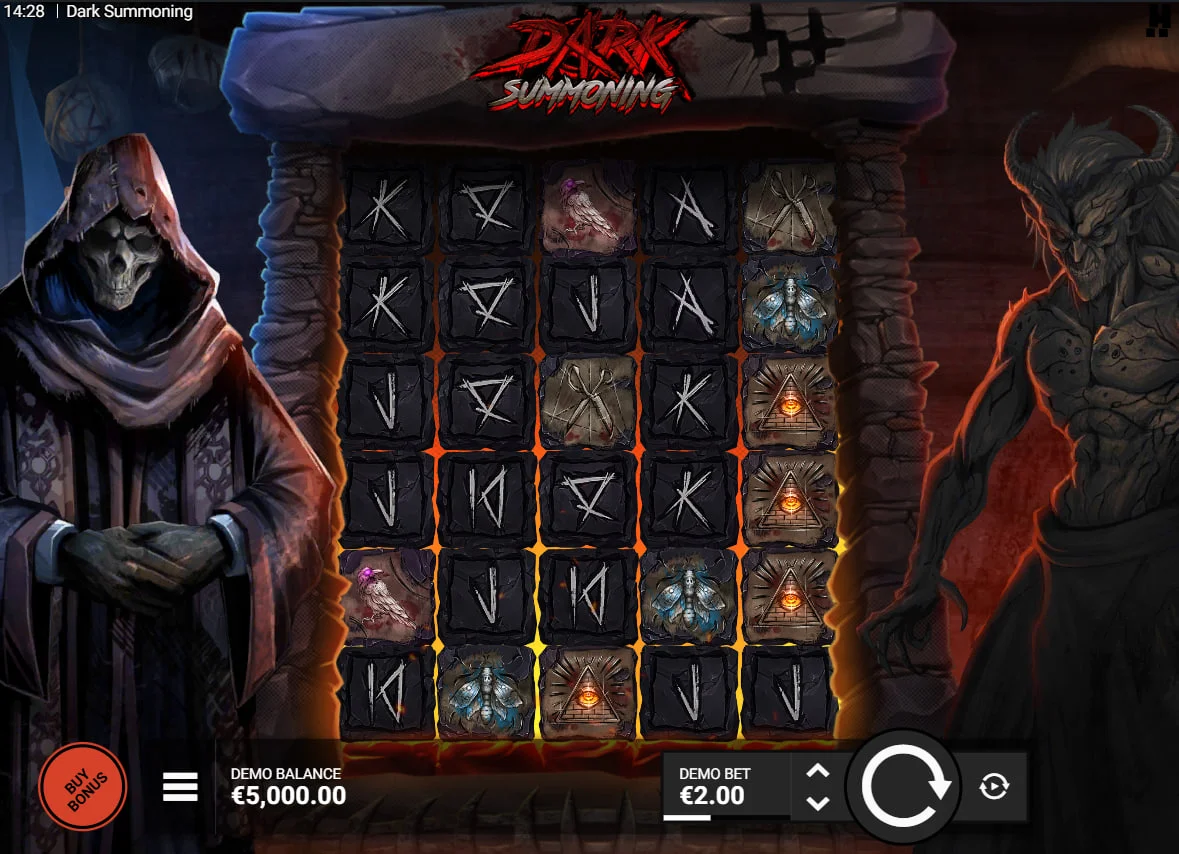 Dark Summoning slot base game grid with grim reaper and demon characters flanking the 5x6 reels for atmospheric gameplay.