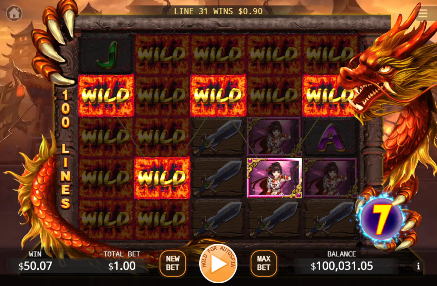 The climactic 7th spin in Dragon Hunter, where multiple accumulated frames transform into Wild symbols, leading to a large multi-line win.