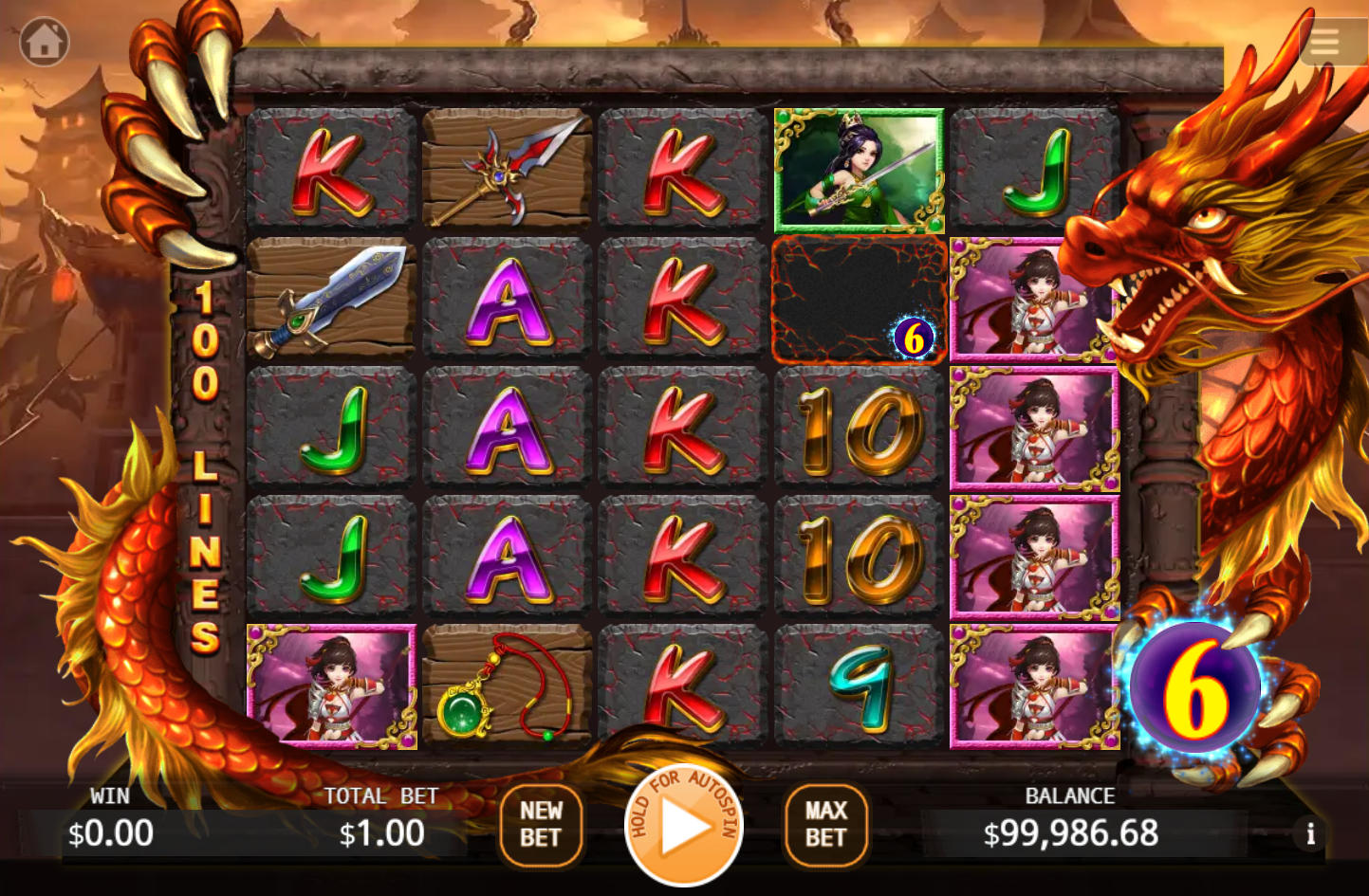 The 5x4 game grid of the Dragon Hunter slot, showing the Asian-themed symbols and the large dragon artwork framing the reels.