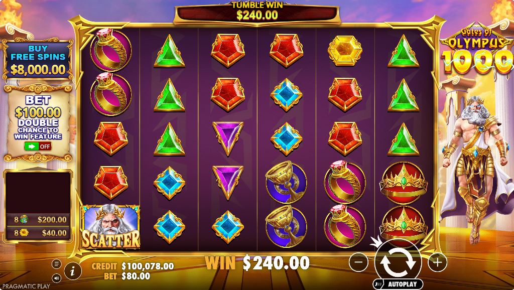 The 6x5 grid of the Gates of Olympus 1000 slot, with Zeus floating next to the reels in the base game.