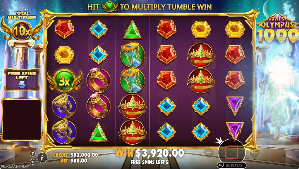 The Free Spins feature in Gates of Olympus 1000, showing a total multiplier of 10x accumulated on the left side of the screen.
