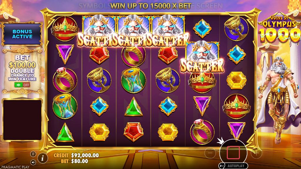 Four Zeus scatter symbols landing on the reels of Gates of Olympus 1000, triggering the free spins bonus round.
