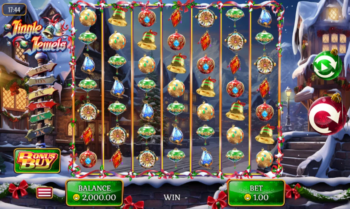 Full 7x7 grid of Jingle Jewels slot showing festive ornaments and bells on a snowy background for clear game visibility.