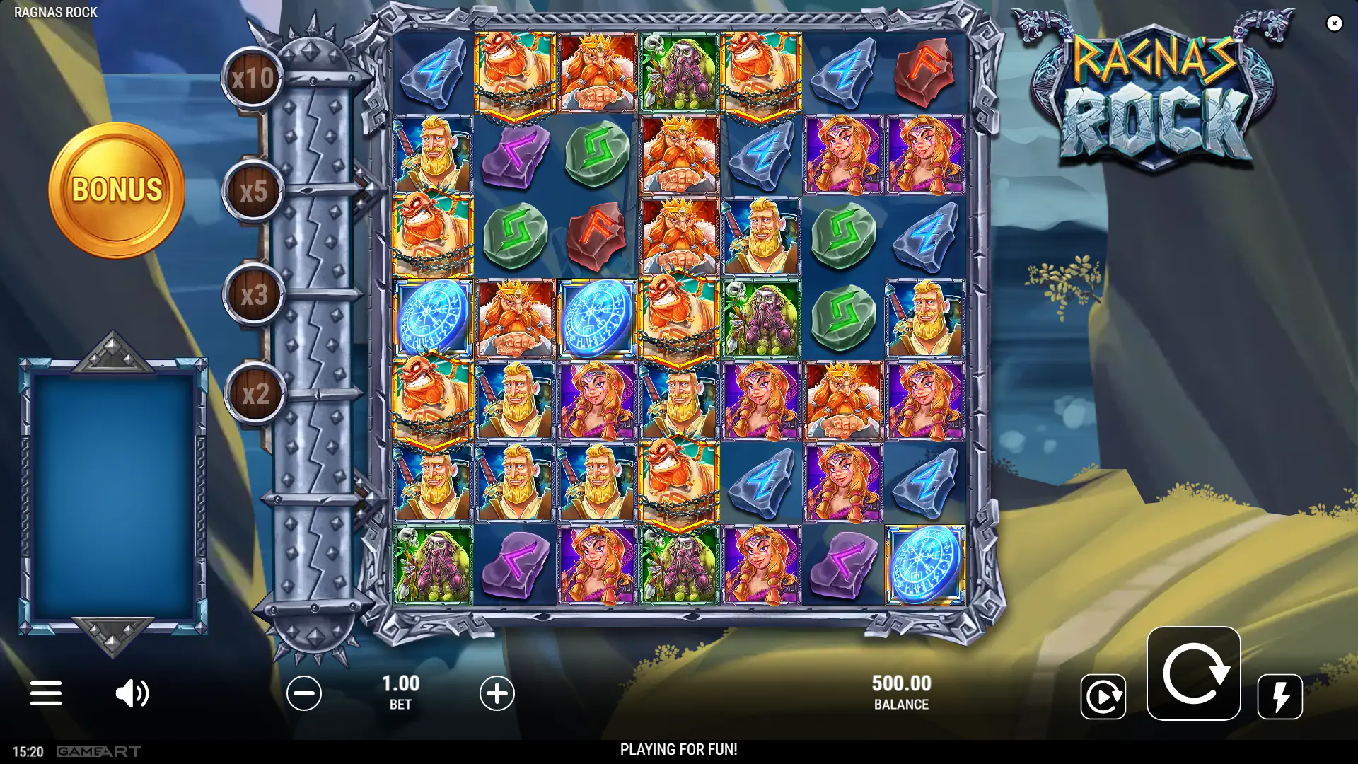 Ragna's Rock base game grid during normal play, showing the 7x7 layout players need to read before bonus events
