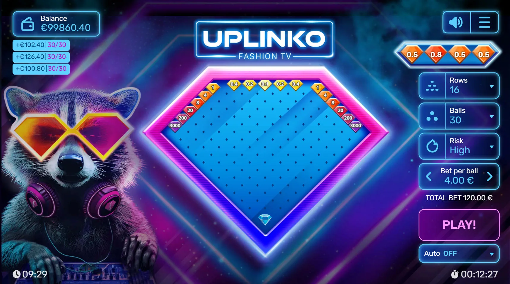 UPlinko Fashion TV 16-row board configuration on high risk showing the extreme 3000x edge multipliers and 0.1x central payout.