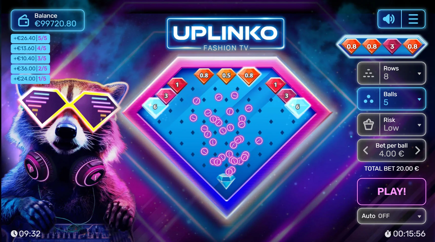 UPlinko Fashion TV board set to Low risk with 8 rows showing safer central multipliers designed for a low variance grind.