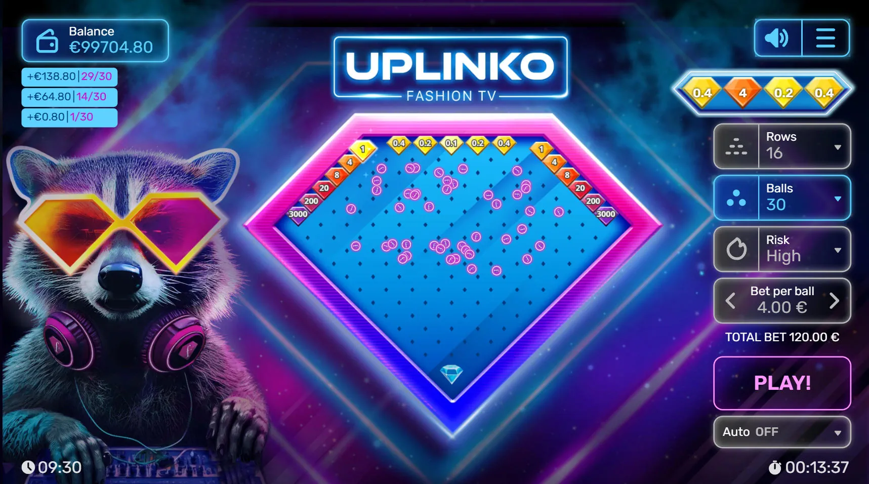 Multiple balls dropping simultaneously through the UPlinko Fashion TV board, bouncing off the branded diamond pins.