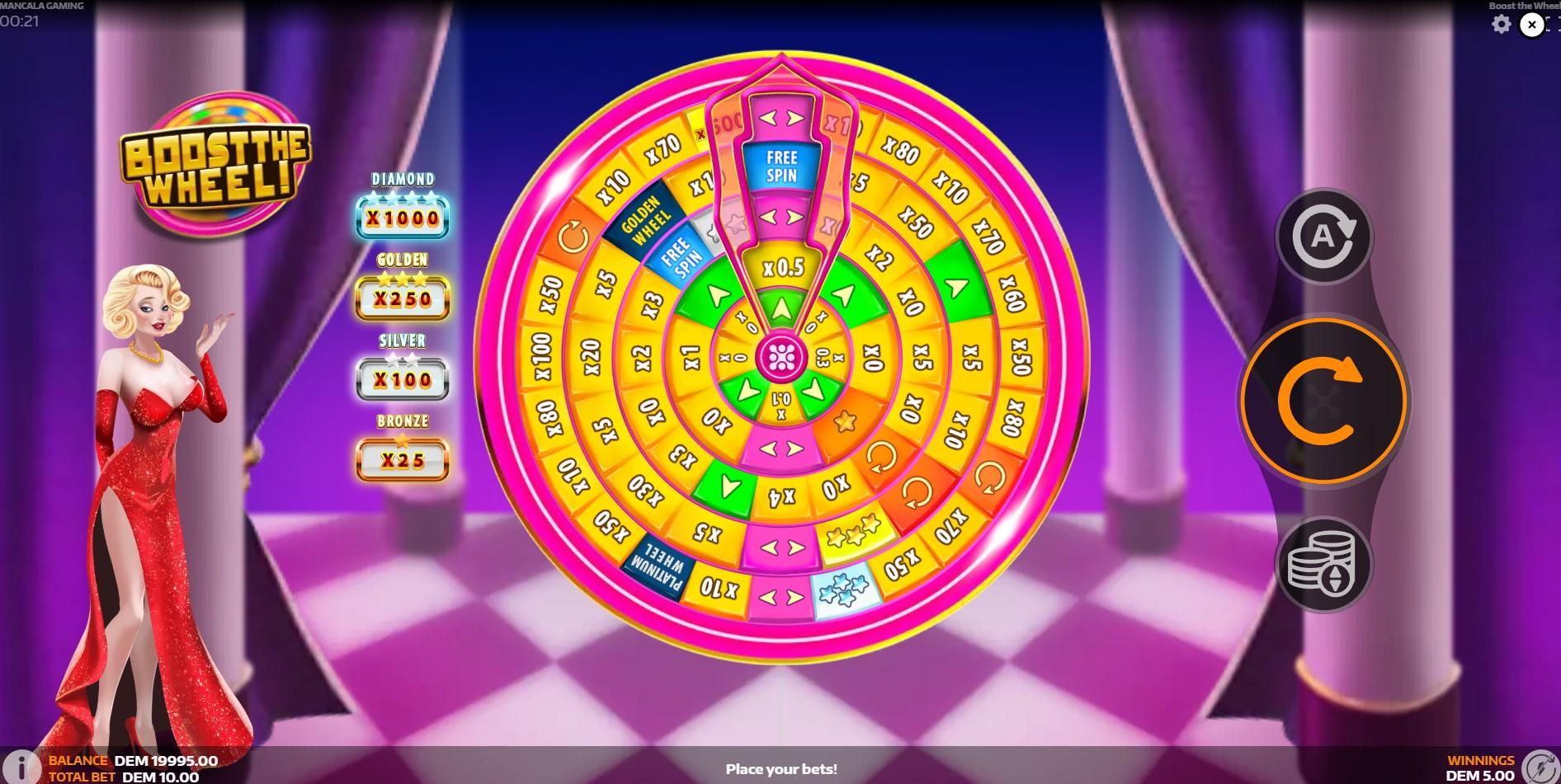 The main game screen of Boost the Wheel, showing the multi-layered prize wheel, the glamorous hostess, and the four jackpot values on the left.