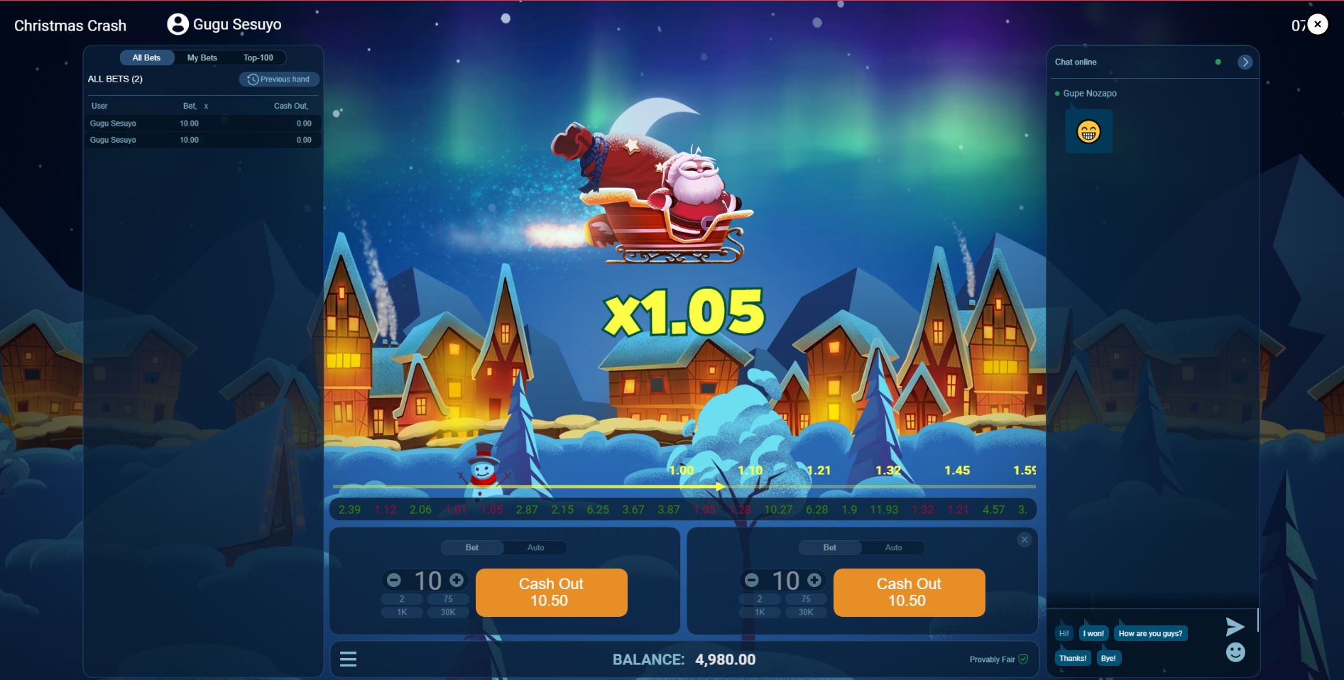 A close-up view of the two independent betting panels in the Christmas Crash game user interface.