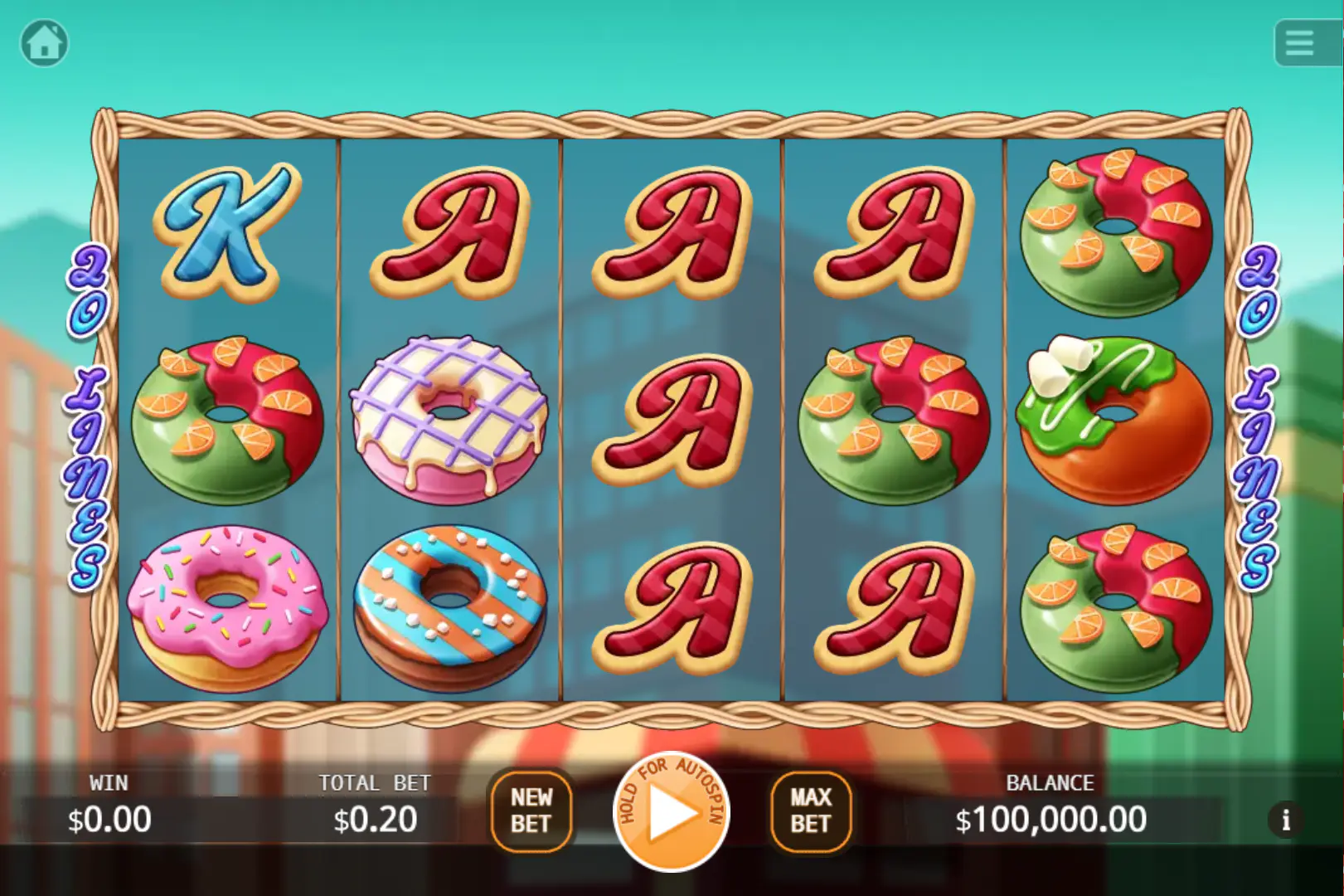 Donut City base game screen with 5x3 reels and donut symbols, showing symbol clarity before the bonus starts.
