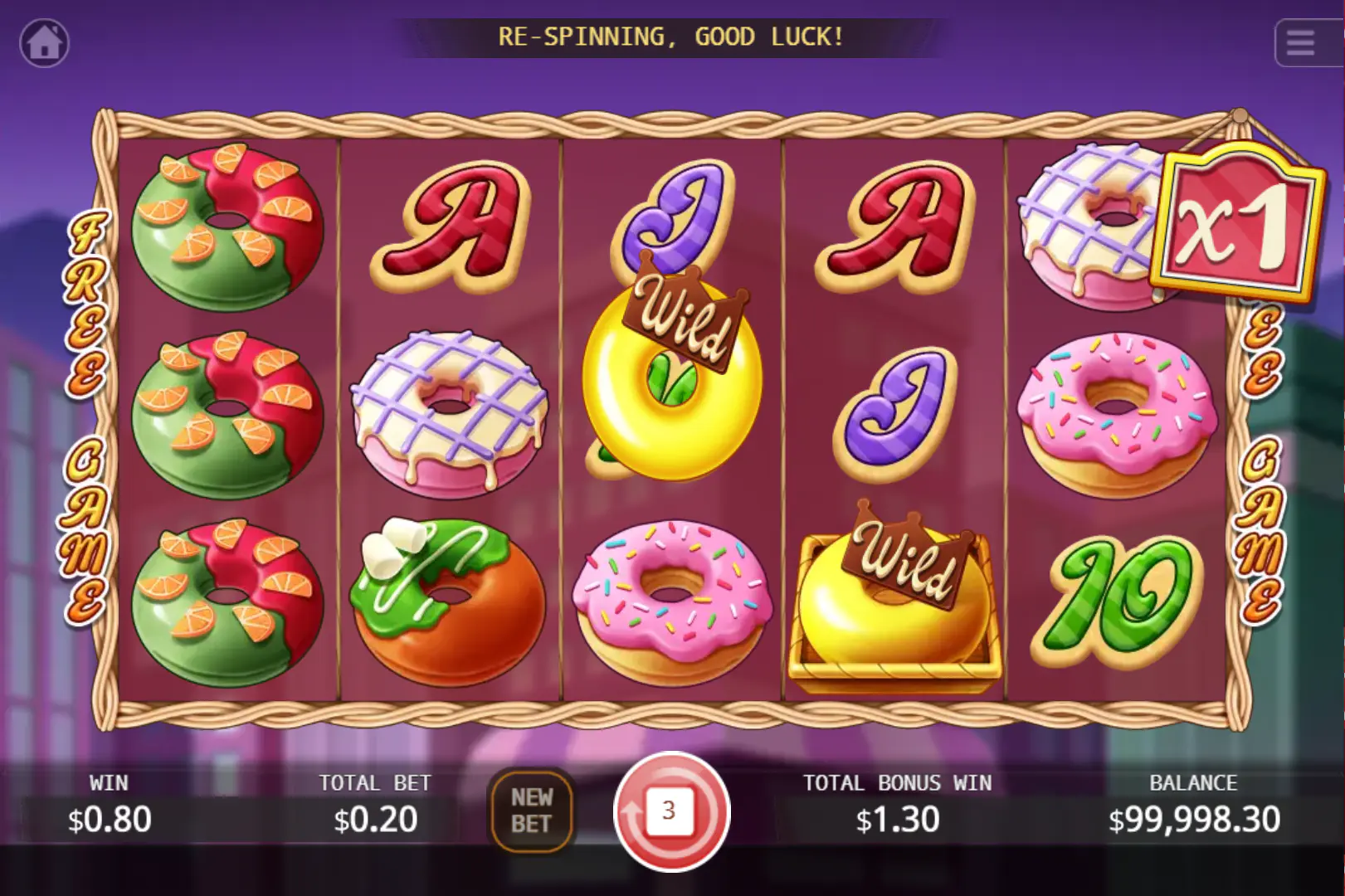 Donut City Walking Wild start screen during free games, showing the respin state that changes reel movement.