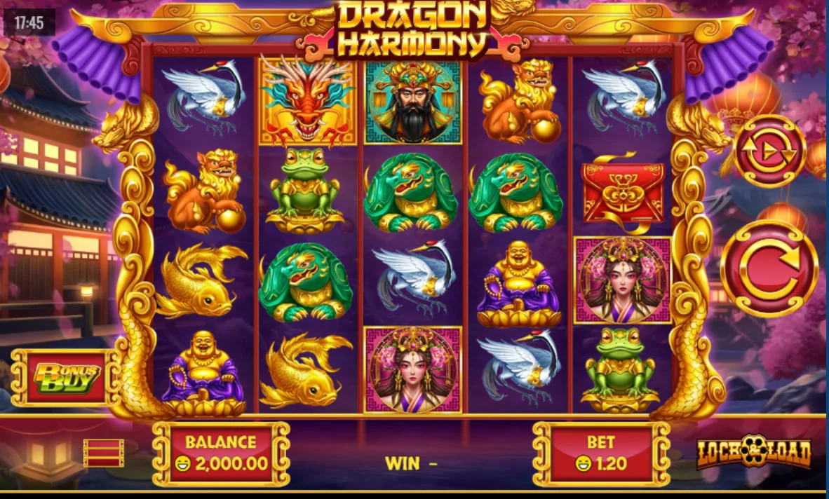 Dragon Harmony slot base game screen showing a 5x4 grid with dragon and emperor symbols which is essential for understanding the 1024-way layout.