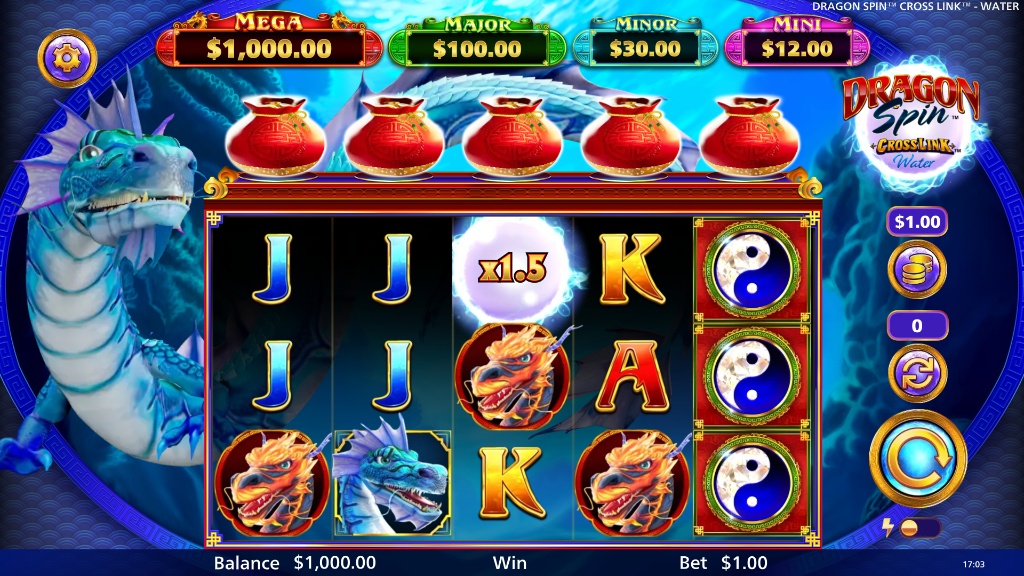 Dragon Spin CrossLink Water slot base game interface showing 5 reels, money bags above reels, and Asian themed symbols.