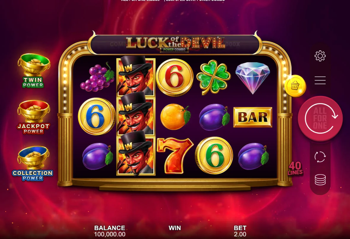 Main 5x3 reel set of Luck of the Devil: POWER COMBO™ slot showing the Devil and gem symbols on a purple background for a high-stakes hell theme.