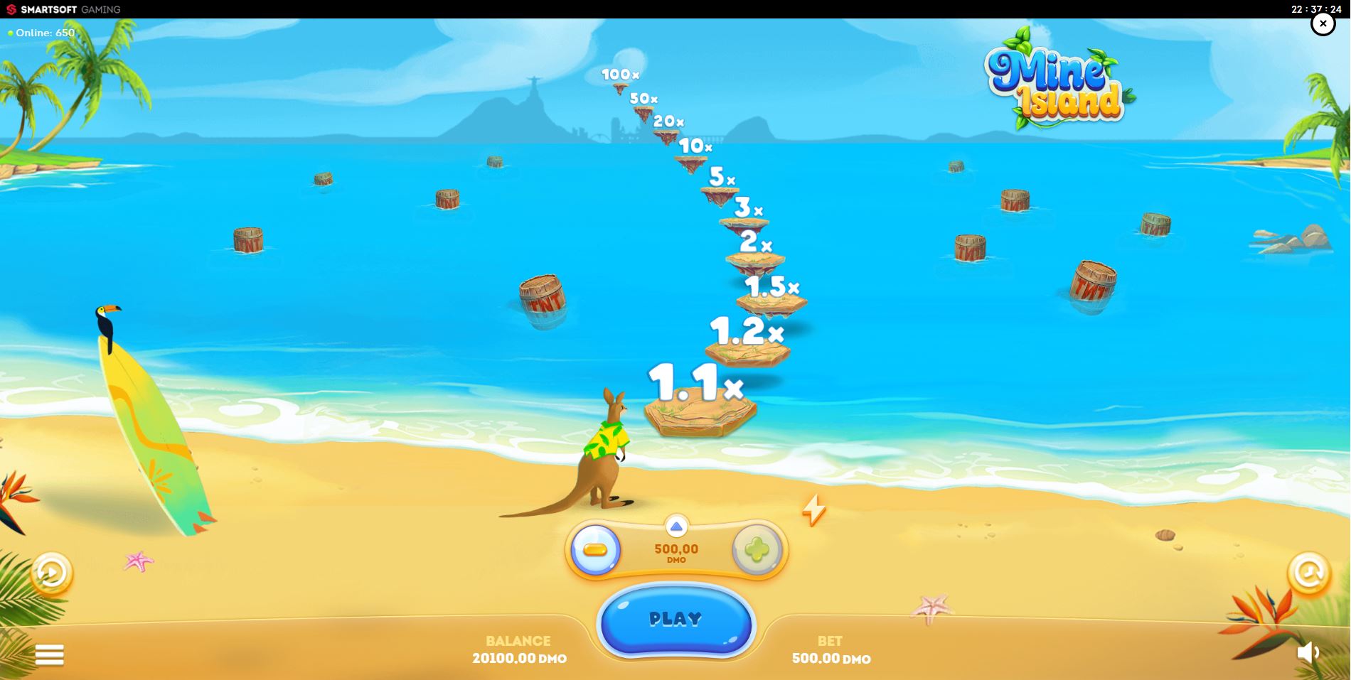 The main game screen of the Mine Island demo, showing the kangaroo ready to jump and the full multiplier ladder reaching up to 100x.