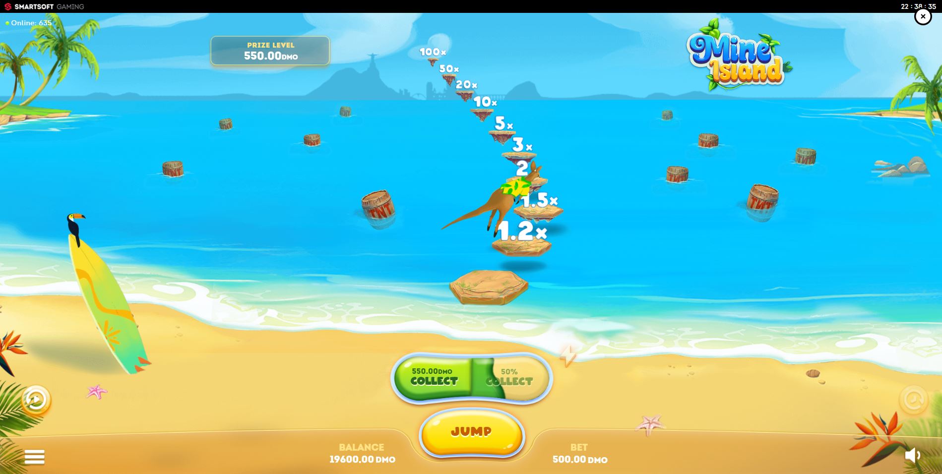 A kangaroo character mid-jump between multiplier islands in the Mine Island slot game.