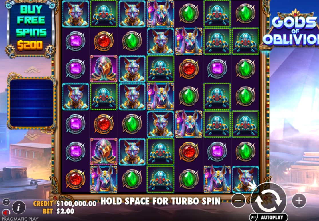 Gods of Oblivion 7x7 slot grid featuring robotic Egyptian symbols and Tumble mechanic.