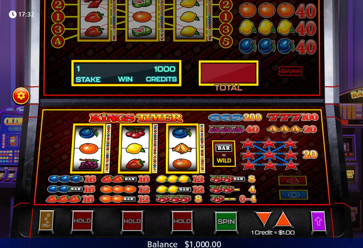 Kings Timer slot cabinet showing the base and super game reels on a 3D casino floor background.