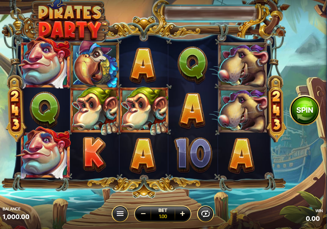 Main 5x3 reel grid of Pirates Party slot showing high-paying Captain symbols and the 30-point bonus progress bar at the top.