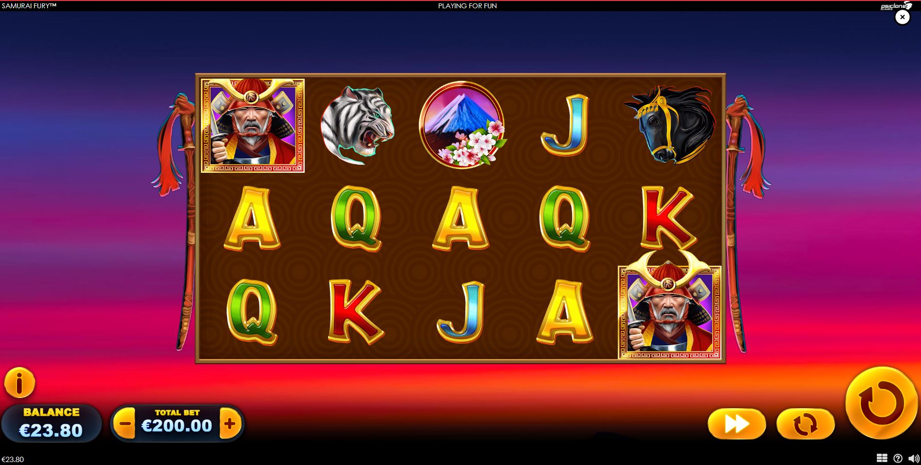 The main game screen of the Samurai Fury slot, showcasing the 5x3 reel layout and themed symbols against a Japanese sunset.
