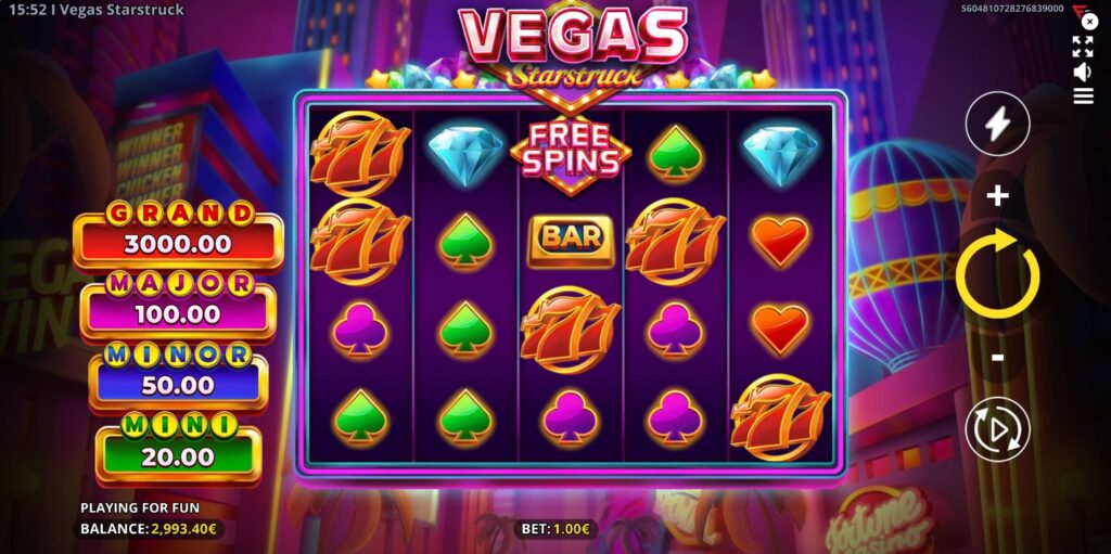 Vegas Starstruck slot base game view with 5x4 grid and Las Vegas theme background.