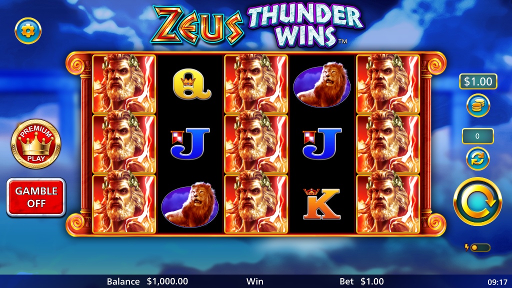 Zeus Thunder Wins slot base game interface with 5x3 grid and Greek temple background.