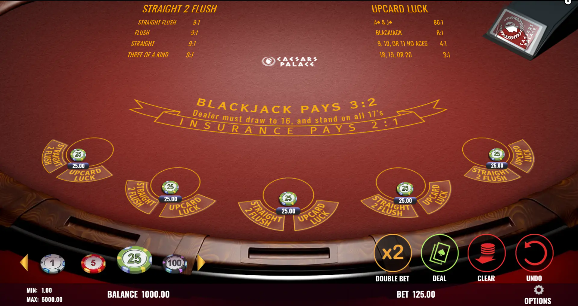5 Hand Blackjack betting screen with wagers placed across all five seats, showing how the game expands one round into multiple simultaneous hands
