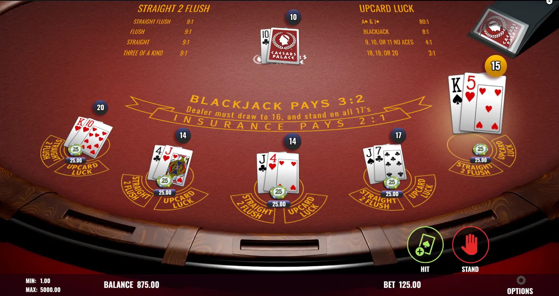 5 Hand Blackjack gameplay screen with multiple active hands and hit or stand decisions, showing the real pace of the multihand format