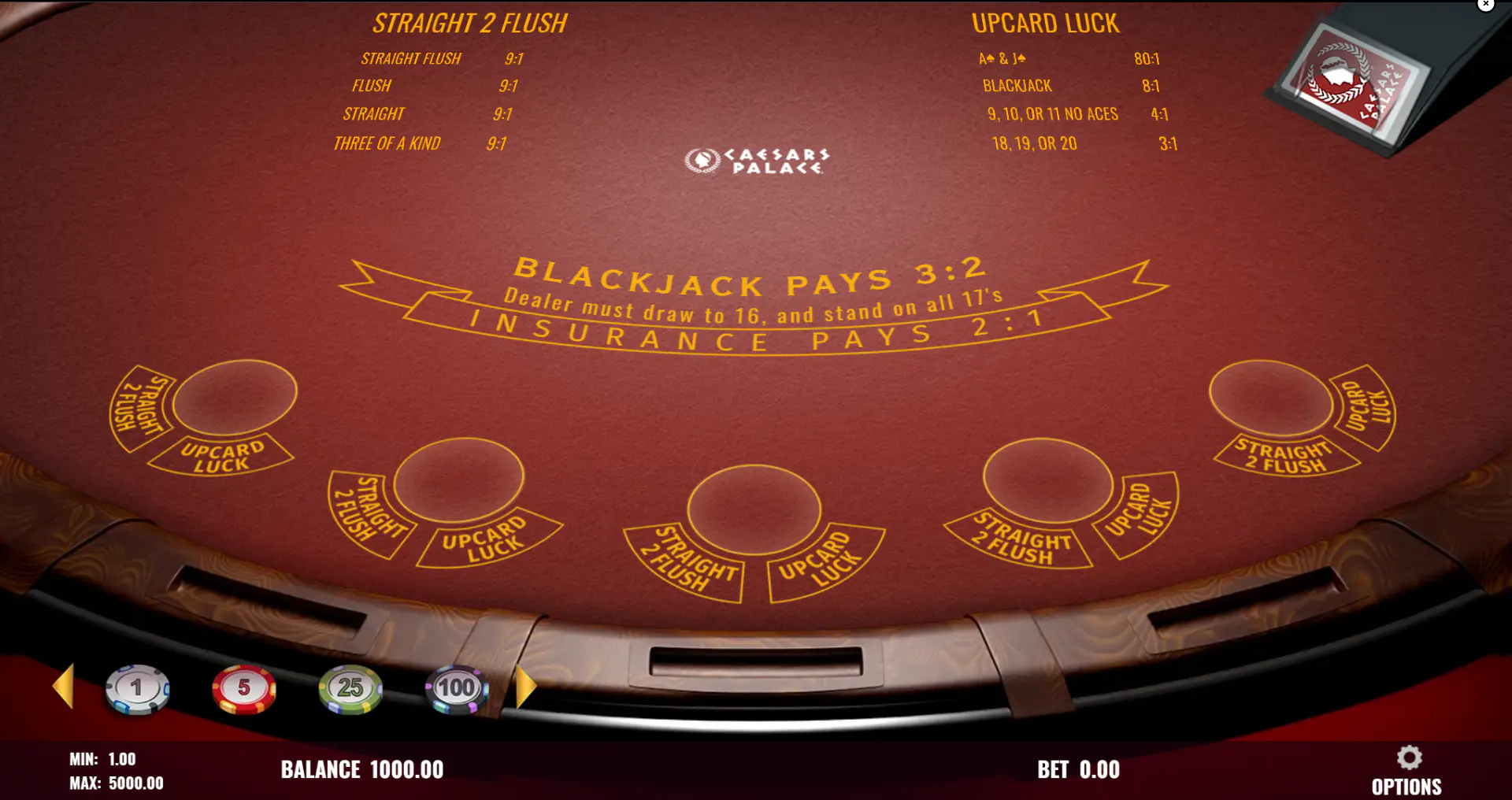 5 Hand Blackjack main screen with side-bet paytable and core blackjack payout rules visible, showing the base interface before bets are placed