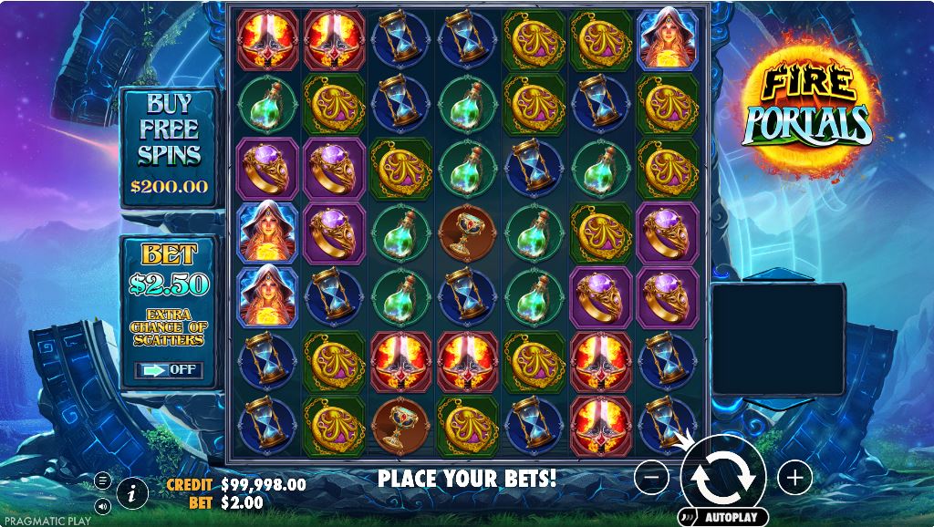 The 7x7 grid of the Fire Portals slot demo, showcasing the magical theme and main sorceress character during base gameplay.