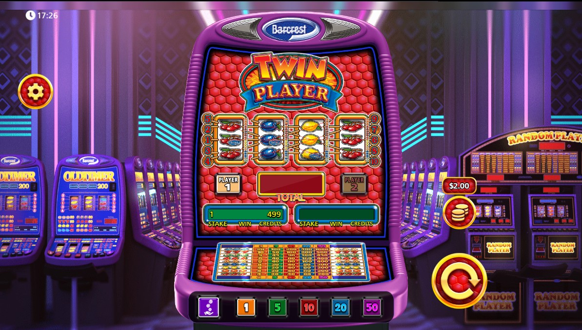 Twin Player slot demo base game view with classic fruit symbols on a 3x3 grid.