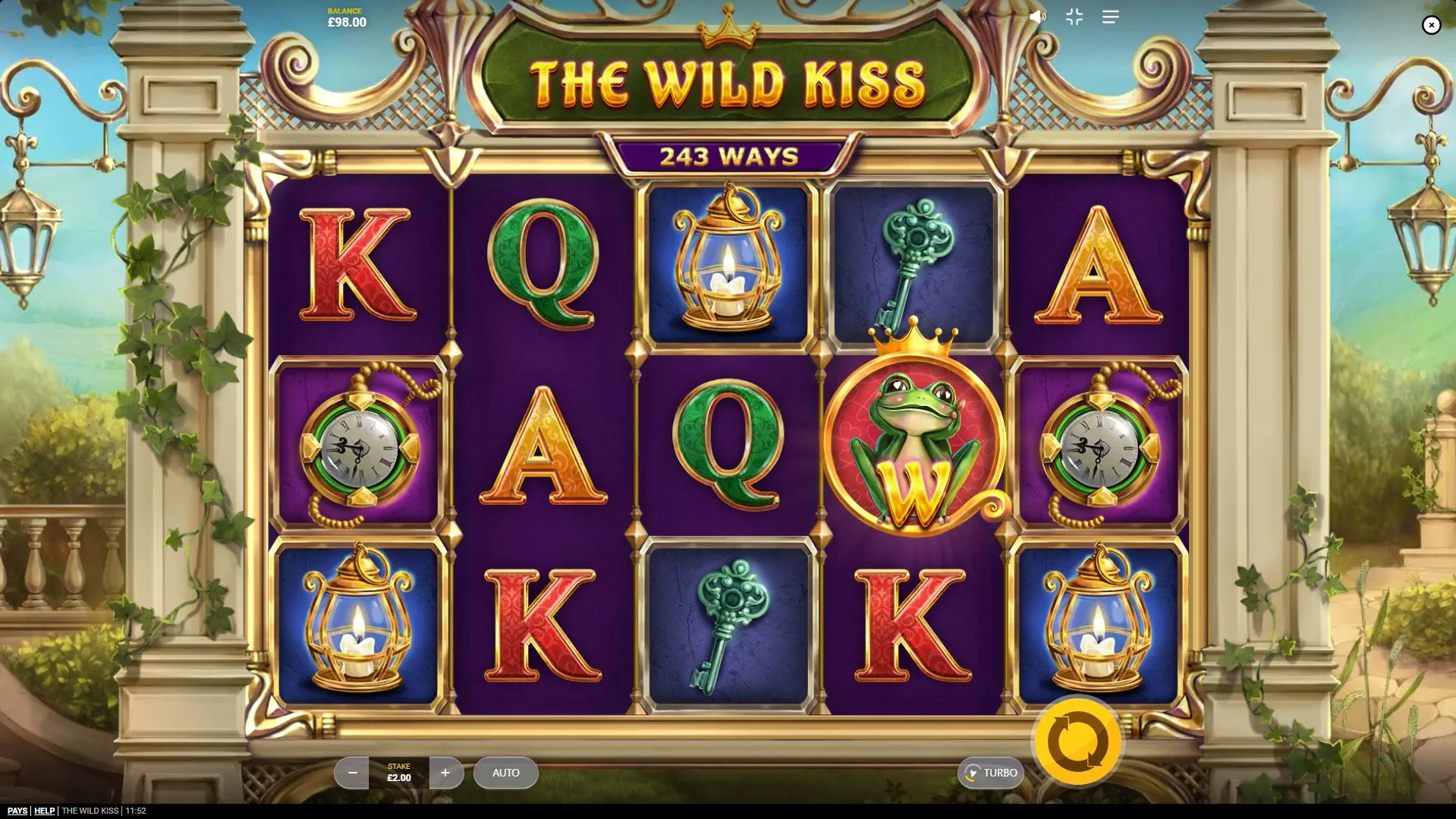 The Wild Kiss slot base game grid by Red Tiger, showing the 5x3 reel layout and several golden Sticky Frames on the central reels, indicating accumulated potential.