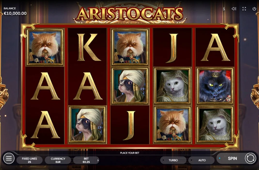 Main gameplay screen of Aristocats slot showing feline symbols and 5x3 grid which is essential for identifying payline connections.