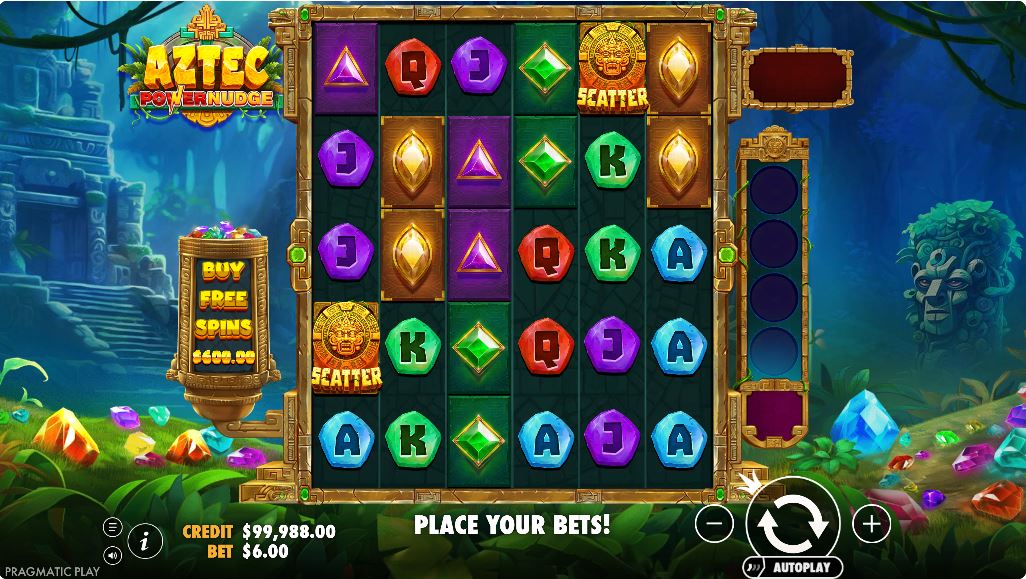 Aztec Powernudge slot base game grid with Aztec symbols and jungle background.